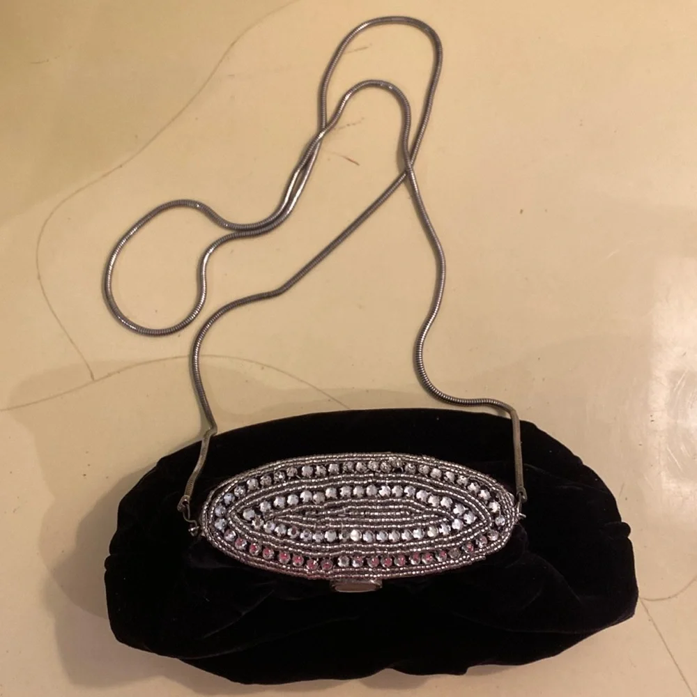 La Regale Vintage Velvet/Silk Black Purse/Evening Bag. 6”x 8” Wide